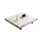 Table basse carrée moderne en pierre frittée beige avec piètement traîneau