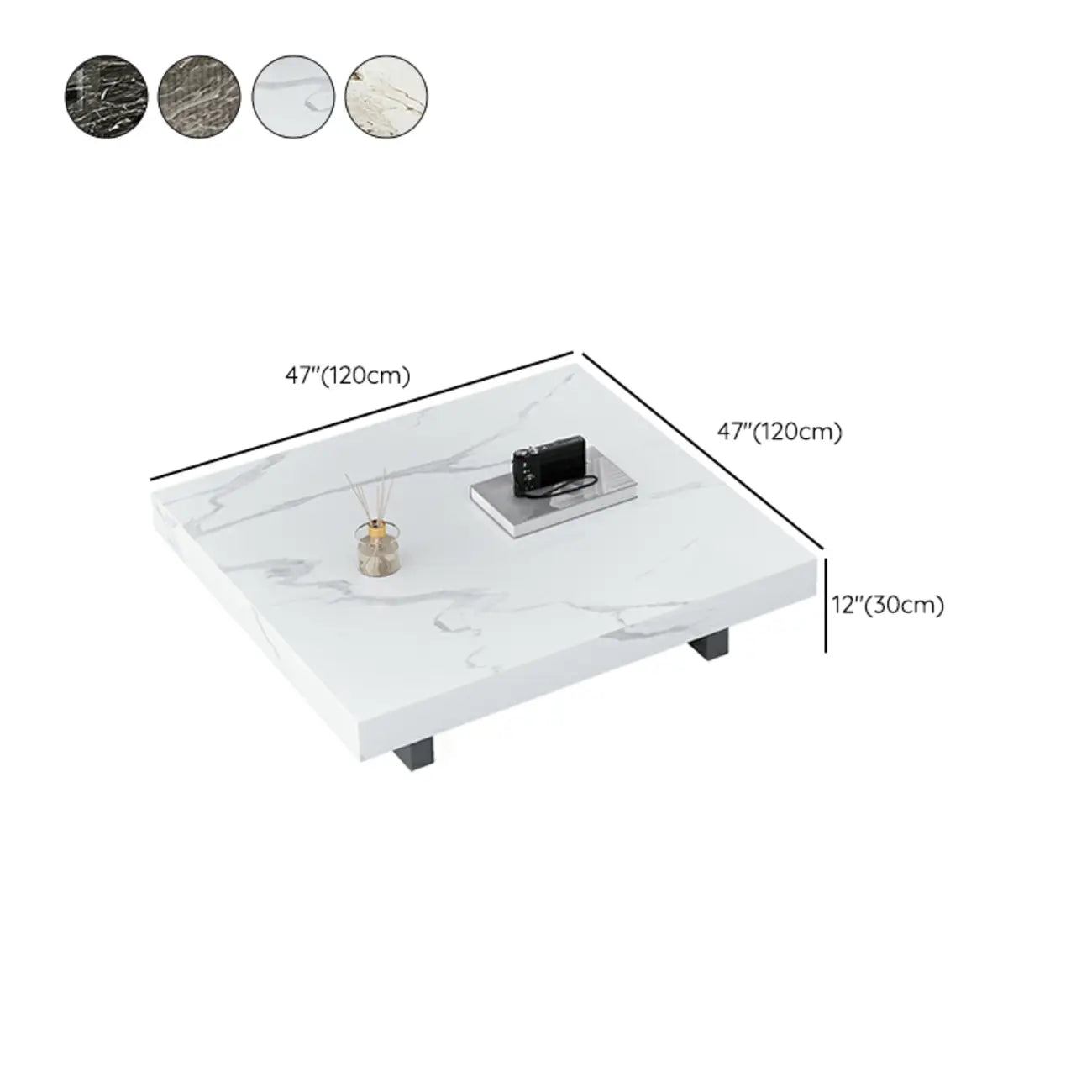 Table basse carrée moderne en pierre frittée beige avec piètement traîneau