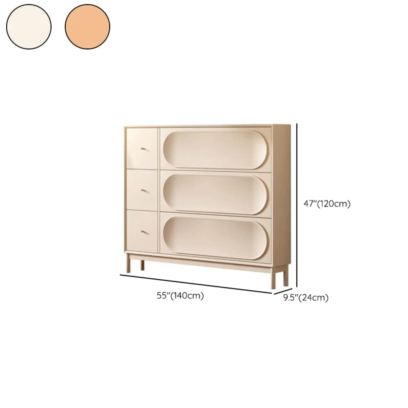 Meuble à chaussures en bois crème avec façade rabattable et 3 tiroirs