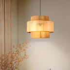 Suspension cylindrique jaune en rotin contemporain