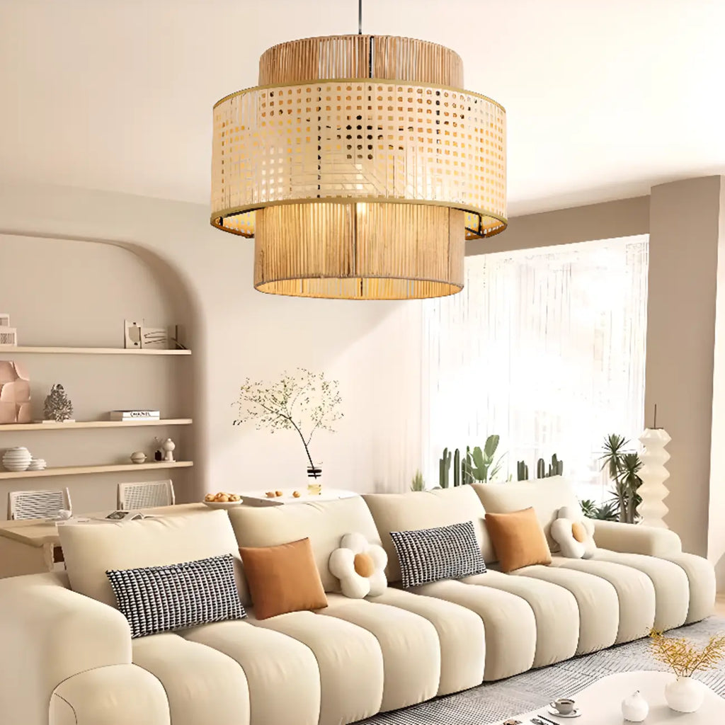 Suspension cylindrique jaune en rotin contemporain