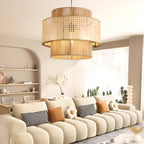 Suspension cylindrique jaune en rotin contemporain