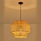 Suspension cylindrique jaune en rotin contemporain