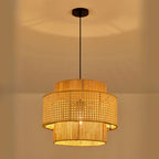 Suspension cylindrique jaune en rotin contemporain
