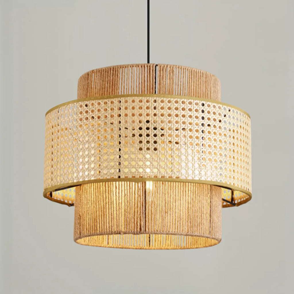 Suspension cylindrique jaune en rotin contemporain