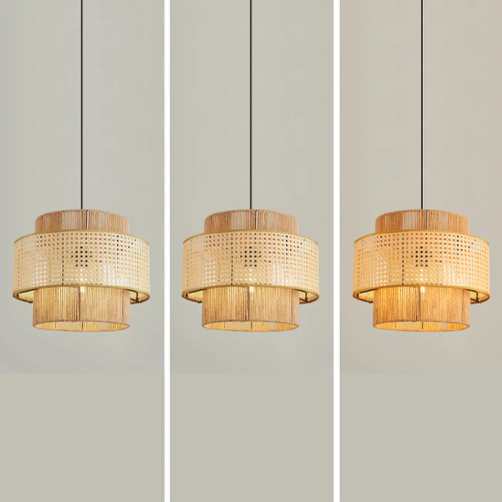 Suspension cylindrique jaune en rotin contemporain