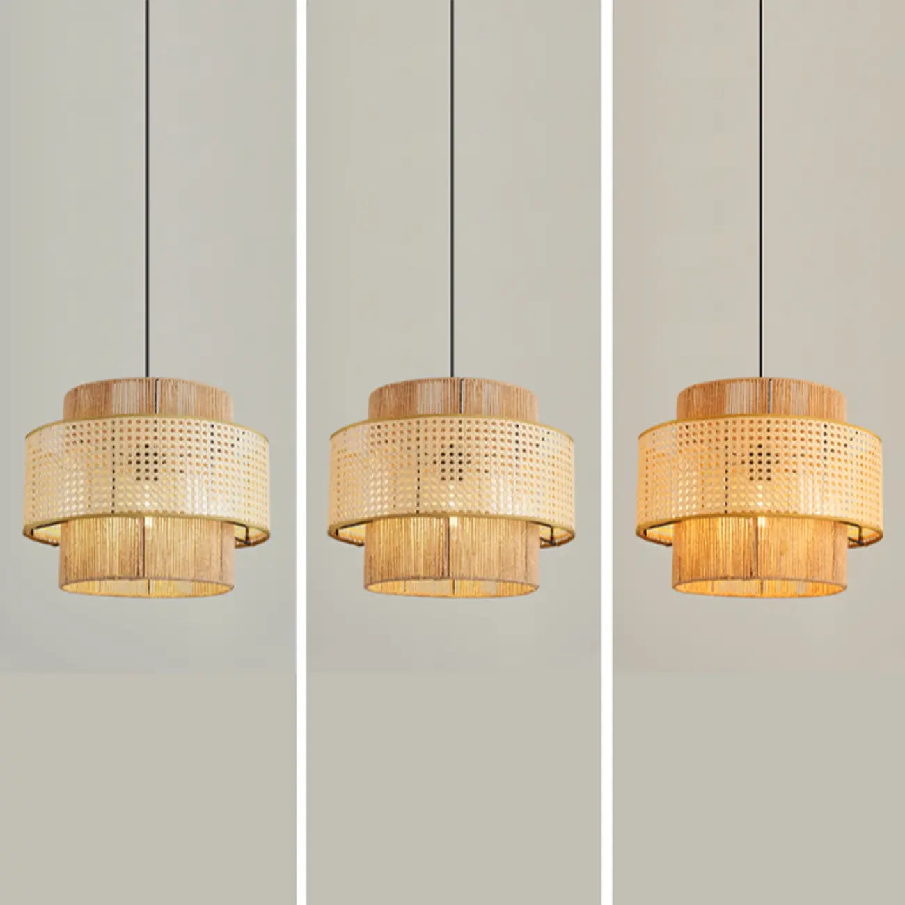 Suspension cylindrique jaune en rotin contemporain