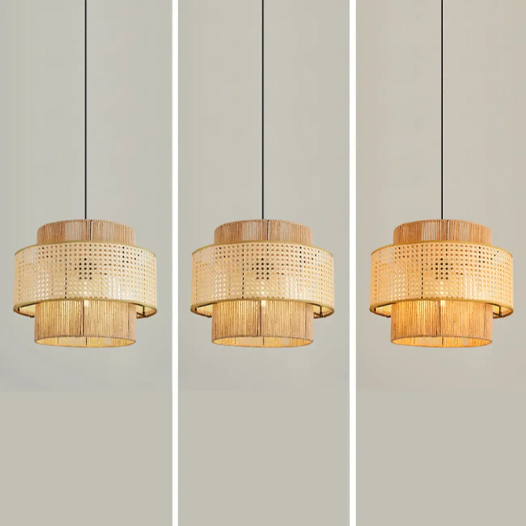 Suspension cylindrique jaune en rotin contemporain