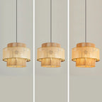 Suspension cylindrique jaune en rotin contemporain