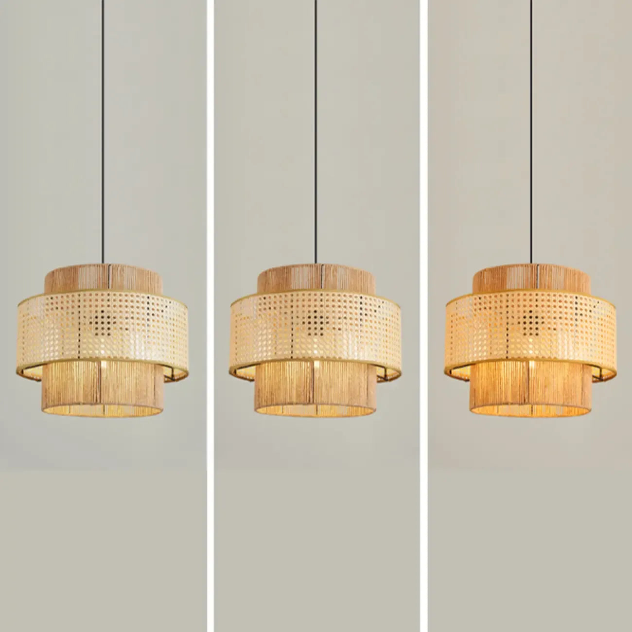 Suspension cylindrique jaune en rotin contemporain