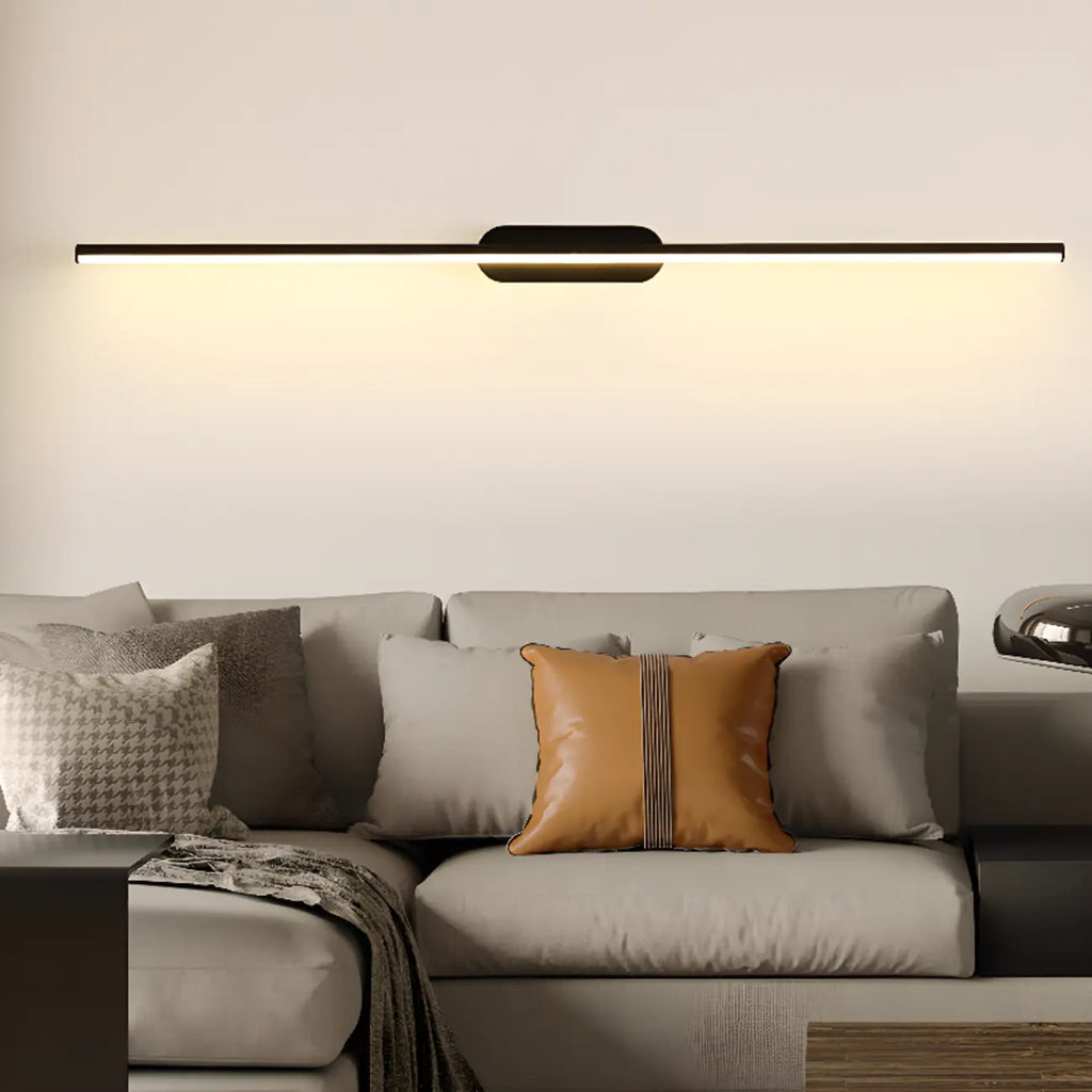 Luminaire de salle de bain LED minimaliste noir, fin et droit en métal, avec éclairage LED.