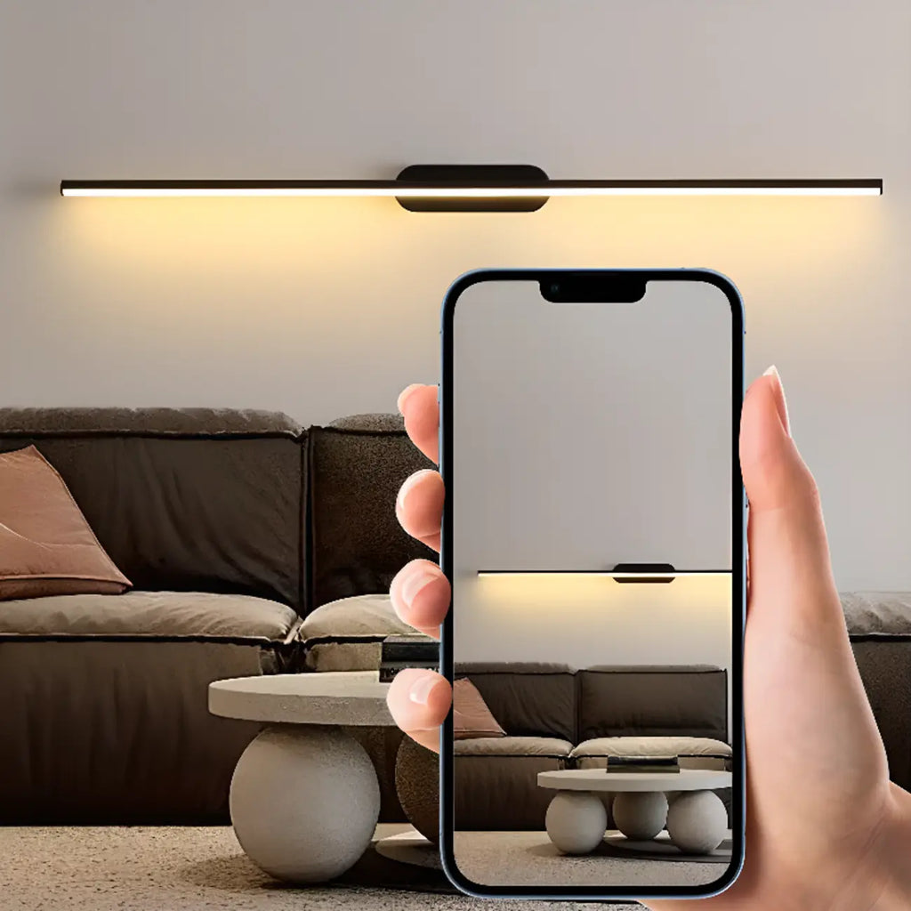 Luminaire de salle de bain LED minimaliste noir, fin et droit en métal, avec éclairage LED.