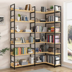 Libreria ad angolo a 6 ripiani a forma di L in legno e acciaio