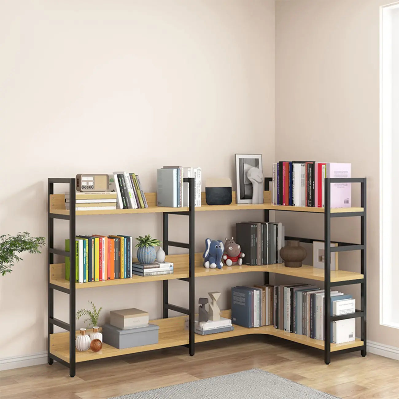 Libreria ad angolo a 6 ripiani a forma di L in legno e acciaio