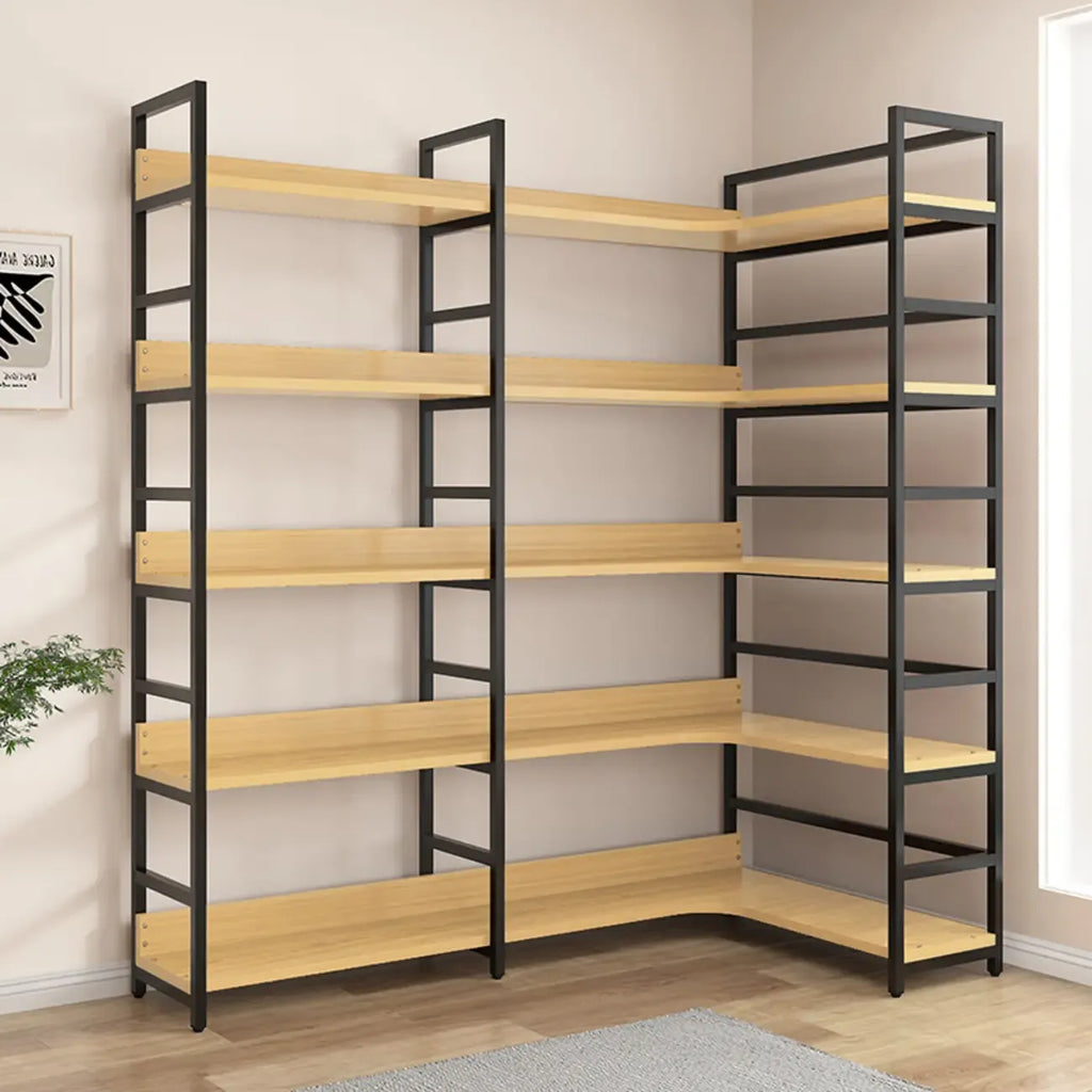 Libreria ad angolo a 6 ripiani a forma di L in legno e acciaio