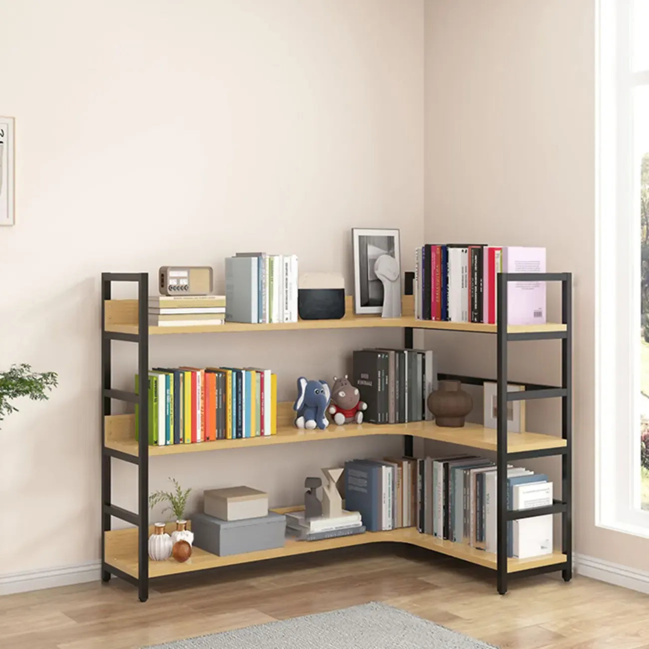 Libreria ad angolo a 6 ripiani a forma di L in legno e acciaio