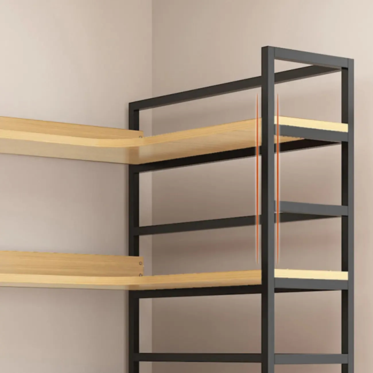 Libreria ad angolo a 6 ripiani a forma di L in legno e acciaio