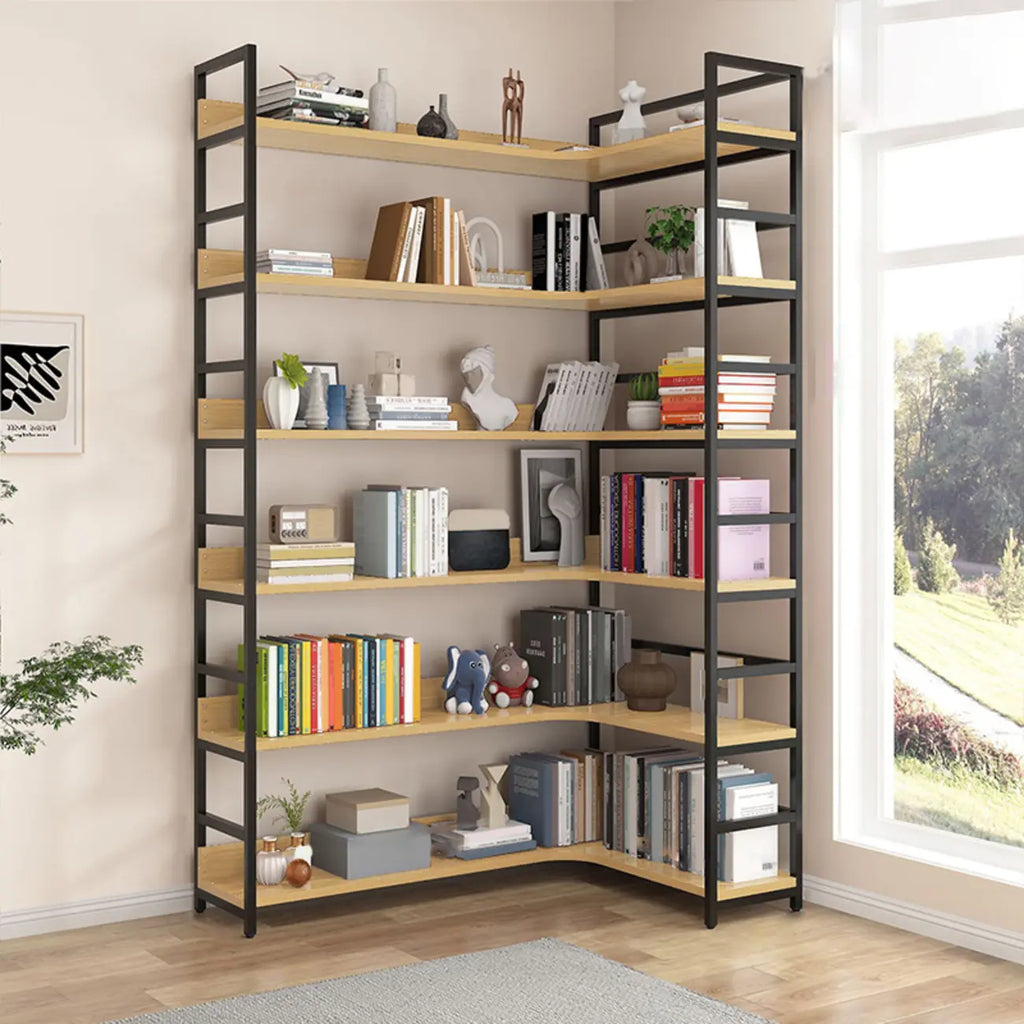 Libreria ad angolo a 6 ripiani a forma di L in legno e acciaio