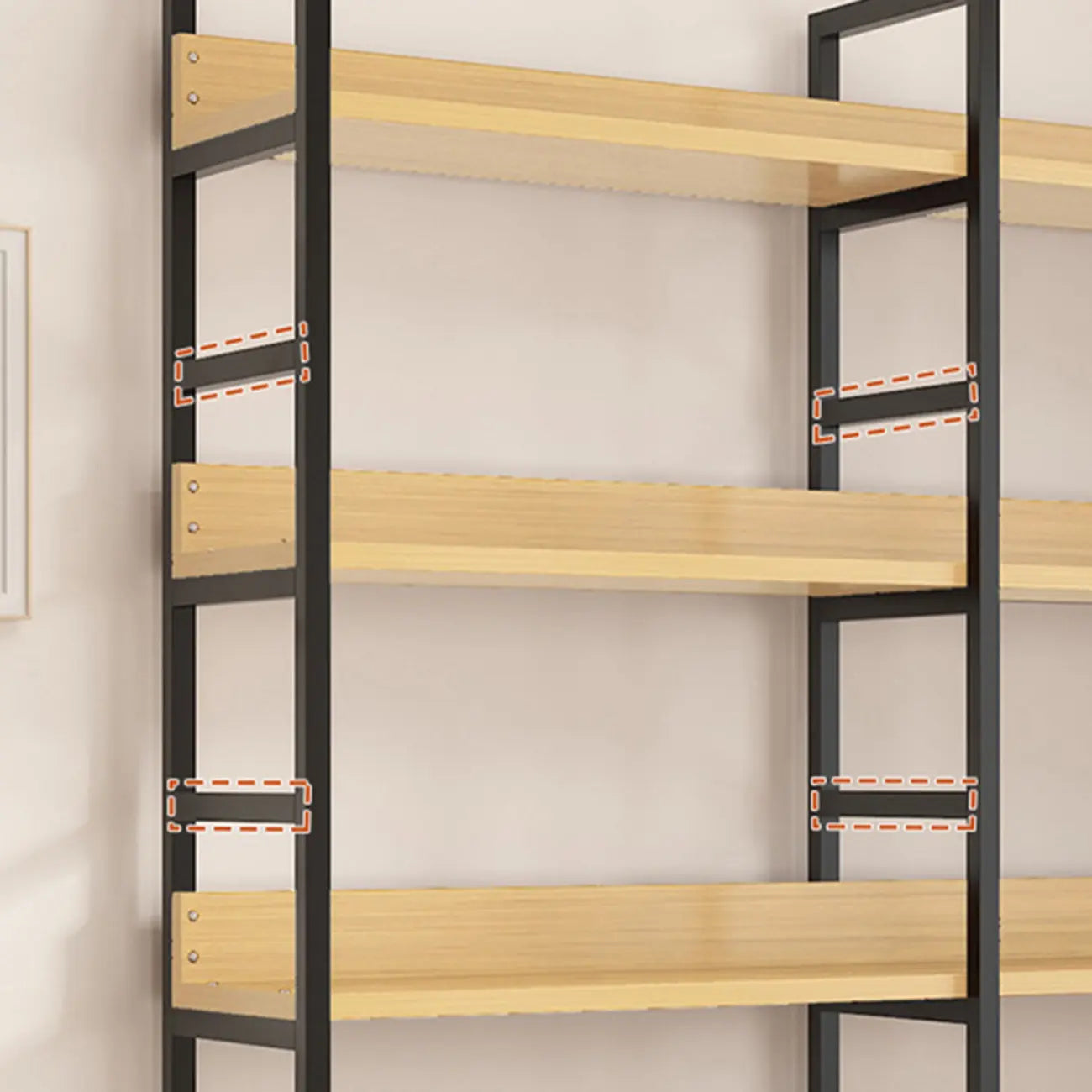 Libreria ad angolo a 6 ripiani a forma di L in legno e acciaio
