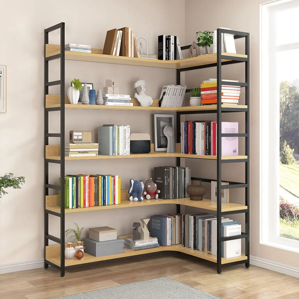 Libreria ad angolo a 6 ripiani a forma di L in legno e acciaio