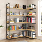 Libreria ad angolo a 6 ripiani a forma di L in legno e acciaio