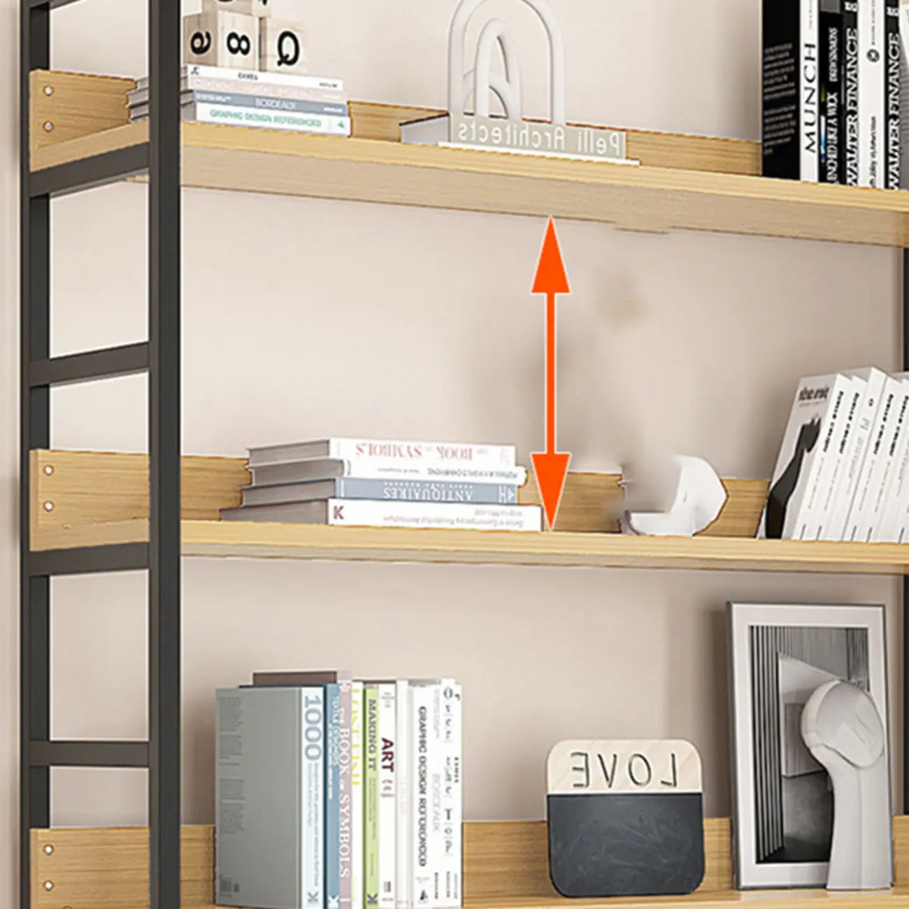 Libreria ad angolo a 6 ripiani a forma di L in legno e acciaio