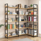 Libreria ad angolo a 6 ripiani a forma di L in legno e acciaio