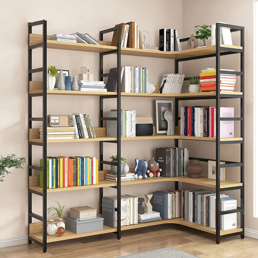 Libreria ad angolo a 6 ripiani a forma di L in legno e acciaio