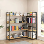 Libreria ad angolo a 6 ripiani a forma di L in legno e acciaio