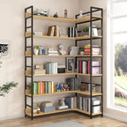 Libreria ad angolo a 6 ripiani a forma di L in legno e acciaio