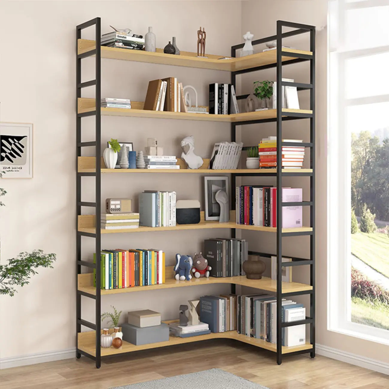 Libreria ad angolo a 6 ripiani a forma di L in legno e acciaio