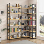 Libreria ad angolo a 6 ripiani a forma di L in legno e acciaio