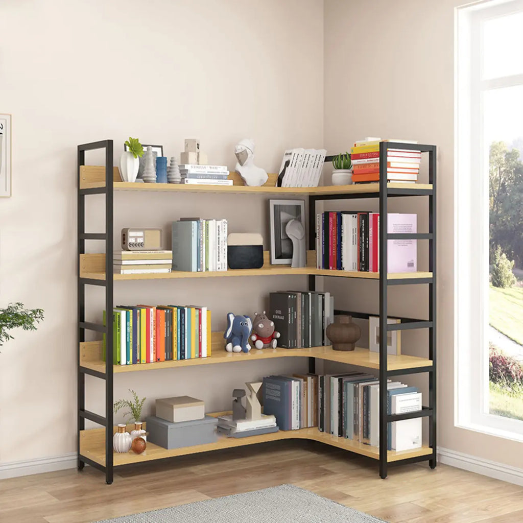 Libreria ad angolo a 6 ripiani a forma di L in legno e acciaio