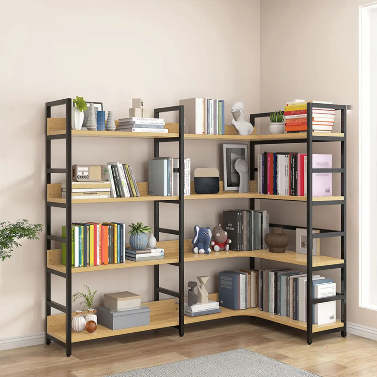 Libreria ad angolo a 6 ripiani a forma di L in legno e acciaio