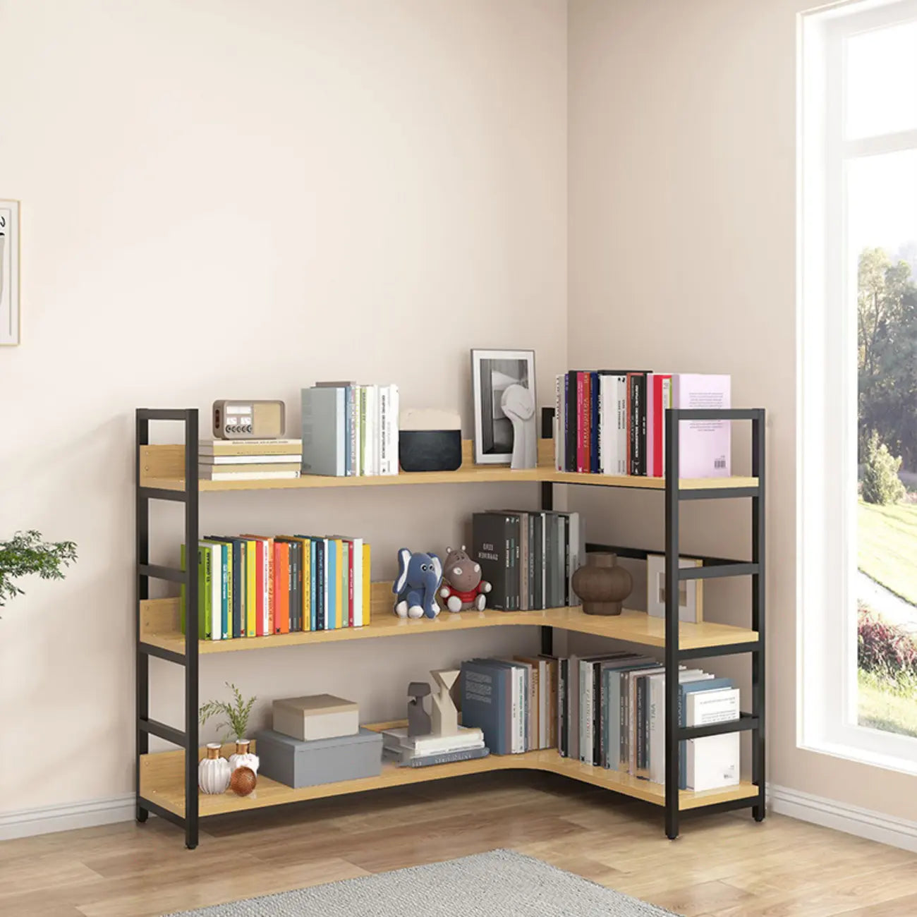 Libreria ad angolo a 6 ripiani a forma di L in legno e acciaio