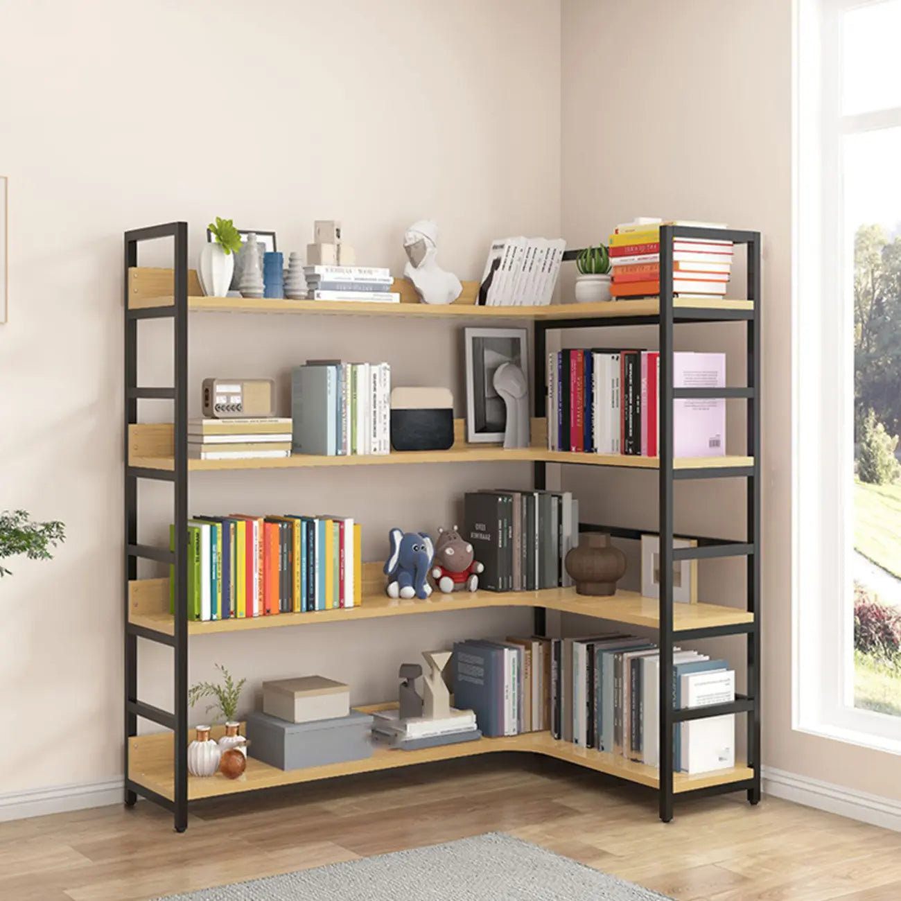 Libreria ad angolo a 6 ripiani a forma di L in legno e acciaio