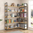 Libreria ad angolo a 6 ripiani a forma di L in legno e acciaio