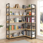Libreria ad angolo a 6 ripiani a forma di L in legno e acciaio