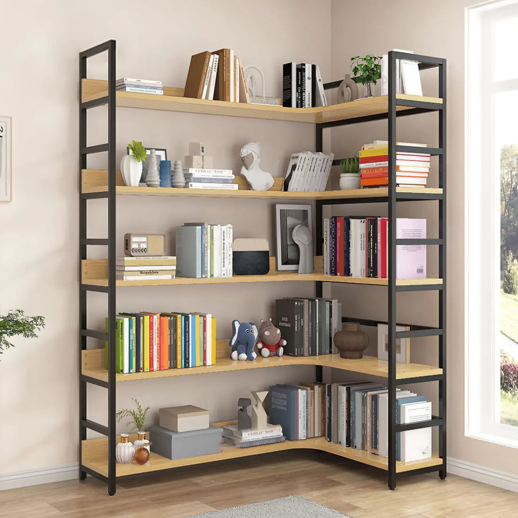 Libreria ad angolo a 6 ripiani a forma di L in legno e acciaio