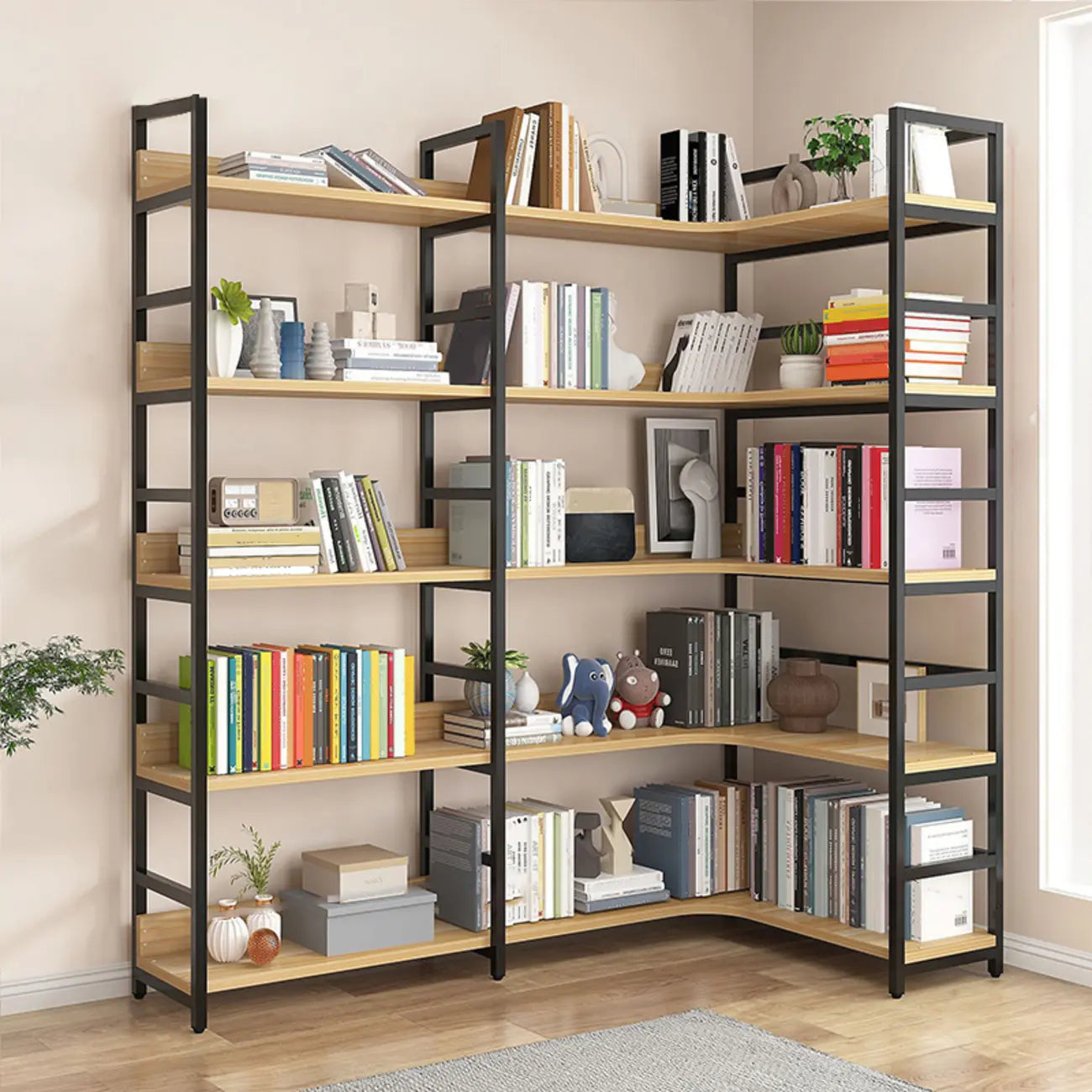 Libreria ad angolo a 6 ripiani a forma di L in legno e acciaio