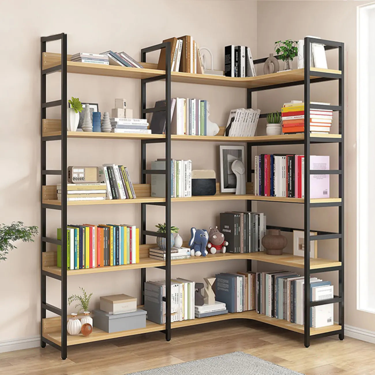Libreria ad angolo a 6 ripiani a forma di L in legno e acciaio