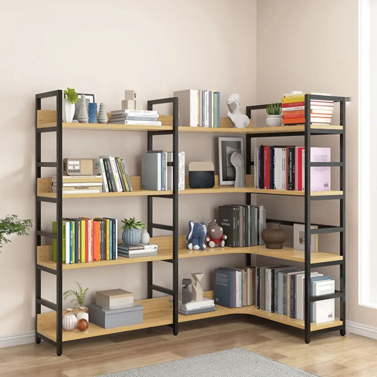 Libreria ad angolo a 6 ripiani a forma di L in legno e acciaio