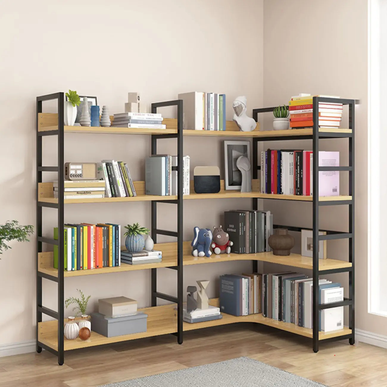 Libreria ad angolo a 6 ripiani a forma di L in legno e acciaio