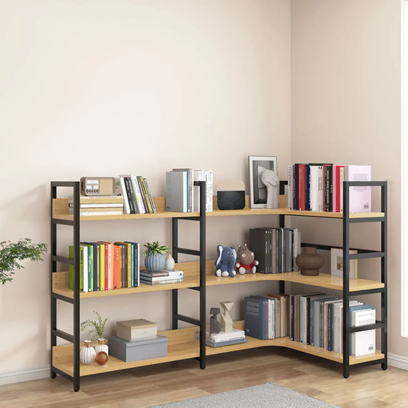 Libreria ad angolo a 6 ripiani a forma di L in legno e acciaio