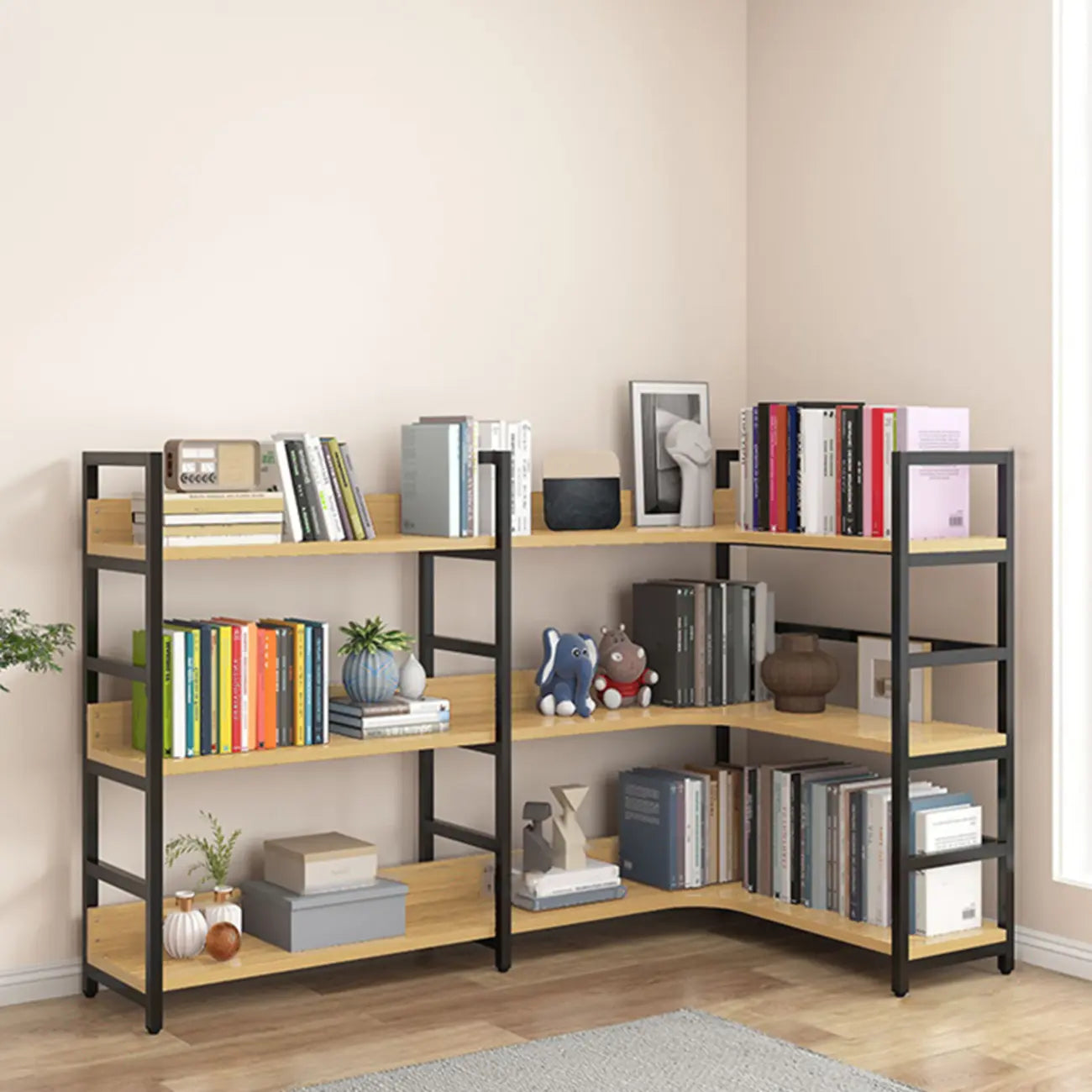 Libreria ad angolo a 6 ripiani a forma di L in legno e acciaio