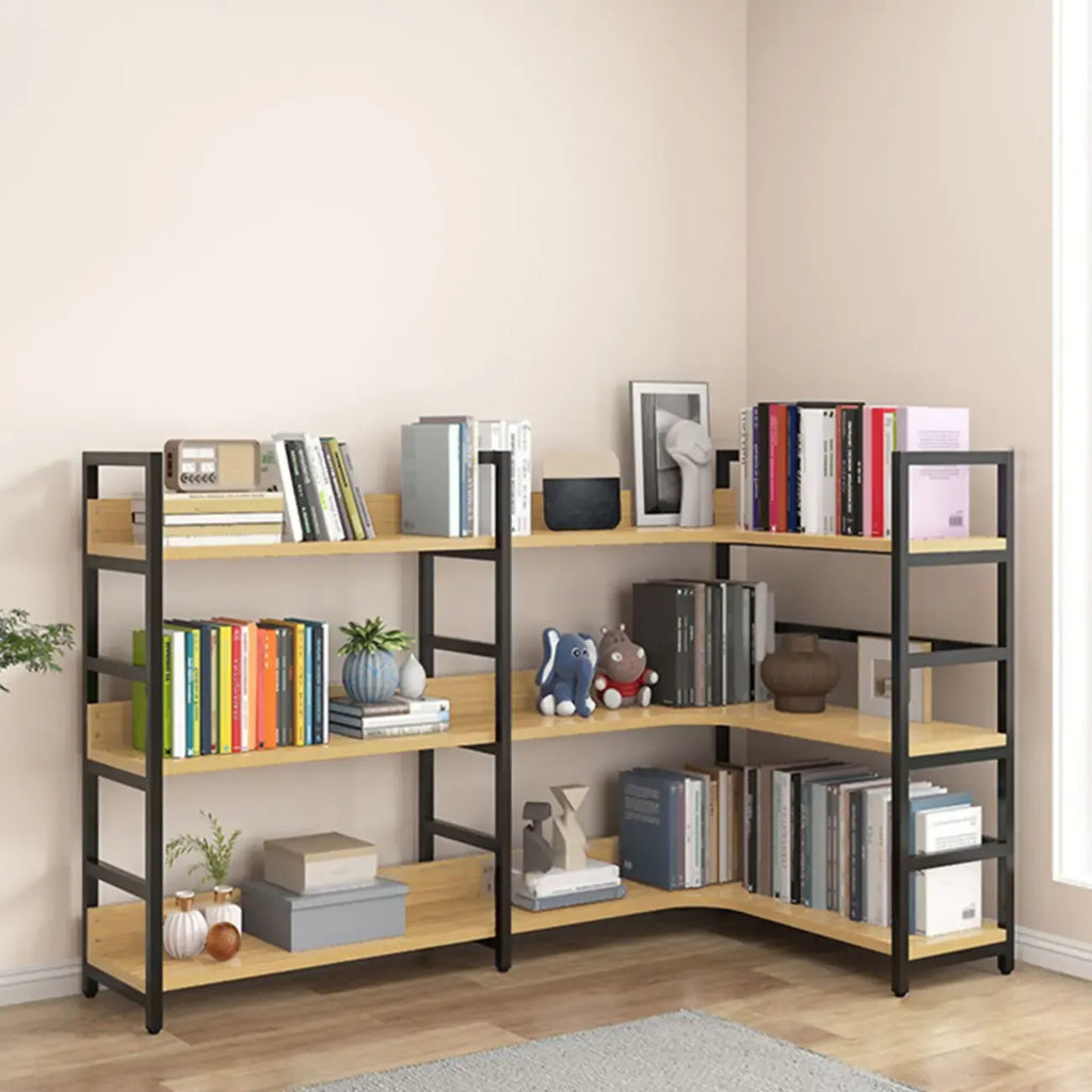 Libreria ad angolo a 6 ripiani a forma di L in legno e acciaio