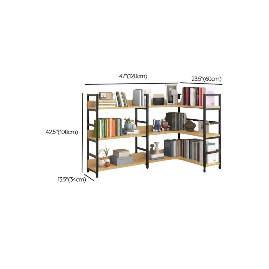 Libreria ad angolo a 6 ripiani a forma di L in legno e acciaio