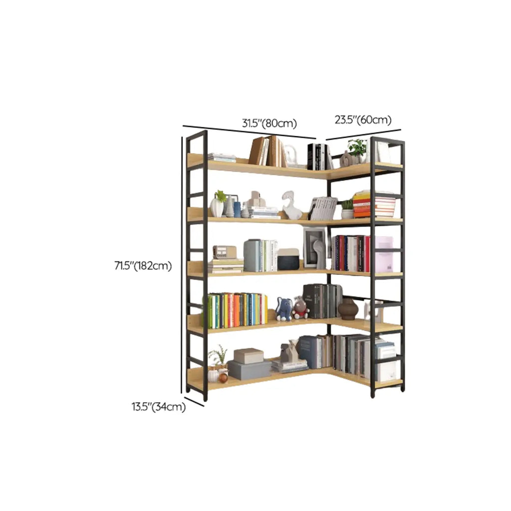Libreria ad angolo a 6 ripiani a forma di L in legno e acciaio