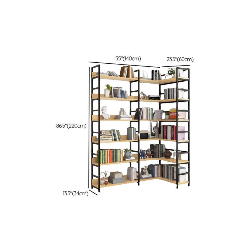 Libreria ad angolo a 6 ripiani a forma di L in legno e acciaio