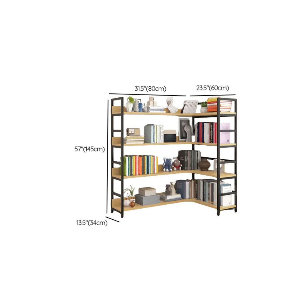 Libreria ad angolo a 6 ripiani a forma di L in legno e acciaio